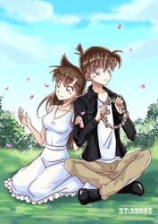  1boy absurdres artist_name azgby black_footwear black_jacket blue_eyes blue_sky blush brown_hair brown_pants cloud commentary_request couple day dress female frilled_dress frills grass hair_between_eyes head_wreath_removed highres indian_style jacket kudou_shin&#039;ichi locked_arms long_dress long_hair meitantei_conan mouri_ran open_clothes open_jacket outdoors pants petals photoshop_(medium) shirt sitting sky sleeveless sleeveless_dress smile straight sundress wariza white_dress white_shirt wing_collar 