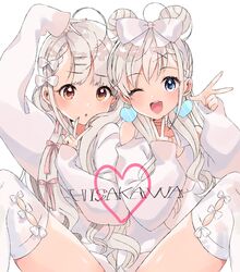  2girls :d :o absurdres ahoge blue_eyes blush bow bow_legwear braid braided_bangs brown_eyes character_name clothing_cutout commentary double_bun double_v earrings fumita_(humita322) hair_bun hair_down hair_ornament hair_ribbon hairbow hairclip heart heart_earrings highres hisakawa_hayate hisakawa_nagi idolmaster idolmaster_cinderella_girls jewelry long_hair long_sleeves looking_at_viewer multiple_girls one_eye_closed open_mouth pink_ribbon ribbon ringlets shirt shoulder_cutout siblings simple_background sisters sitting sleeves_past_wrists smile teeth thighhighs twins upper_teeth_only v white_background white_bow white_hair white_legwear white_shirt 