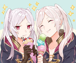  2girls closed_eyes closed_mouth commentary_request eating fire_emblem fire_emblem_awakening food gloves grima_(fire_emblem) holding hood hood_down ice_cream ice_cream_cone licking_lips menoko multiple_girls red_eyes robin_(female)_(fire_emblem) robin_(fire_emblem) simple_background tongue tongue_out twintails upper_body white_hair 