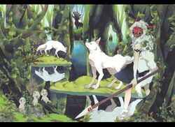  animal antlers bare_arms commentary earrings female forest fur highres horns jewelry kodama letterboxed looking_at_viewer marker_(medium) mask mononoke_hime moro_no_ichizoku nature necklace san_(mononoke_hime) shishigami_(mononoke_hime) studio_ghibli tooth_necklace traditional_media tree umezakura water weapon wolf 