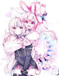  2girls :d black_dress black_legwear blush closed_mouth code:_nemesis_(elsword) commentary dress elsword eve_(elsword) facial_mark forehead_jewel g_ieep hair_between_eyes hat heart hug hug_from_behind juliet_sleeves laby_(elsword) light_brown_hair long_sleeves multiple_girls open_mouth pantyhose pink_dress puffy_sleeves purple_legwear red_eyes sharp_teeth shining_romantica_(elsword) sleeves_past_fingers sleeves_past_wrists smile symbol-only_commentary teeth thighhighs white_background white_headwear wide_sleeves 