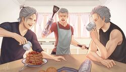  3boys anger_vein apron artist_name breakfast casual commentary cup curtains dante_(devil_may_cry) devil_breaker devil_may_cry_(series) devil_may_cry_5 drinking facial_hair father_and_son food fruit highres honey mug mug_writing multiple_boys nero_(devil_may_cry) newspaper nikkipettt orange_(fruit) pancake profanity prosthesis prosthetic_arm short_ponytail spatula spoilers stubble uncle_and_nephew vergil_(devil_may_cry) watermark white_hair 