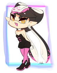  +_+ :d ankle_boots arms_behind_back bare_shoulders black_footwear black_hair black_jumpsuit boots callie_(splatoon) commentary_request coula_cat detached_collar earrings fangs female food food_on_head full_body gloves hair_rings inkling jewelry jumpsuit long_hair mole mole_under_eye multicolored_hair object_on_head open_mouth orange_eyes pantyhose pink_hair pink_pantyhose pointy_ears short_jumpsuit smile solo splatoon_(series) splatoon_1 symbol-shaped_pupils teeth tentacle_hair two-tone_hair very_long_hair white_gloves 