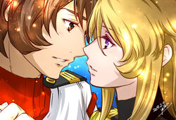  1boy 2019 blonde_hair brown_eyes brown_hair commentary_request eye_contact female hair_between_eyes imminent_kiss kodai_susumu looking_at_another mori_yuki parted_lips portrait purple_eyes short_hair signature uchuu_senkan_yamato uchuu_senkan_yamato_2199 yokon2199 