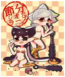  +_+ 2girls ;d animal_print ass bare_arms bare_shoulders black_hair border breasts callie_(splatoon) checkered_background cleavage club_(weapon) collarbone commentary_request coula_cat cousins ehoumaki fangs food green_eyes grey_hair hair_rings hand_up highres horns inkling kanabou leg_up long_hair makizushi mamemaki marie_(splatoon) medium_breasts mole mole_under_eye multicolored_hair multiple_girls oerba_yun_fang one_eye_closed oni_horns open_mouth orange_eyes orange_hair photoshop_(medium) pointy_ears setsubun short_hair silhouette sitting smile spiked_club splatoon_(series) splatoon_1 standing standing_on_one_leg sushi symbol-shaped_pupils teeth tentacle_hair tiger_print two-tone_hair very_long_hair weapon white_border 