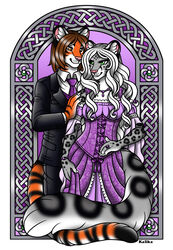  anthro bow_dress bracelet clothed clothing dress duo felid female fully_clothed hair jewelry kalika-tybera leopard male male/female mammal necklace necktie pantherine purple_clothing purple_dress ring suit tiger 