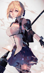  bare_arms bare_shoulders black_gloves blonde_hair blue_skirt breasts claire_victorious cleavage commentary_request detached_collar female fingerless_gloves gloves god_eater god_eater_3 highres looking_at_viewer pleated_skirt red_eyes sava_(sava_023) skirt solo strapless 