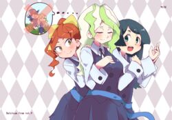  3girls :d aqua_eyes barbara_parker black_hair blue_sash bow brown_eyes brown_hair checkered_background closed_eyes collared_shirt commentary_request cowboy_shot diana_cavendish hairbow hands_on_shoulders hanna_england hys-d kagari_atsuko light_green_hair little_witch_academia long_hair long_sleeves luna_nova_school_uniform multicolored_hair multiple_girls open_mouth ponytail sash school_uniform shirt smile thought_bubble two-tone_hair white_shirt yellow_bow 