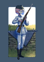  absurdres belt blonde_hair blue_eyes bolt_action boots cigarette commentary disassembly erica_(naze1940) female garrison_cap grass gun hat highres holding leyna_koch mauser_98 military military_uniform original rifle short_hair soldier solo stone_wall uniform wall weapon world_war_ii 