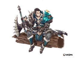  1boy animal animal_on_shoulder armor axe bad_id bad_twitter_id beard bird bird_on_shoulder black_hair blue_eyes chains company_name ezu_(leejiyu) facial_hair full_body gau_(king&#039;s_raid) grin highres king&#039;s_raid log long_sideburns looking_to_the_side male_focus official_art sideburns simple_background sitting smile solo transparent_background weapon 