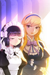  2girls apron artist_request black_hair blonde_hair blunt_bangs blush bow brown_eyes closed_eyes crossed_arms crying frills frown hairband linia_pacifica long_hair lowres maid maid_headdress multiple_girls new_maid open_mouth ribbon short_hair swept_bangs sword_girls tears 