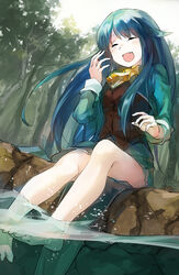  :d barefoot blue_hair closed_eyes commentary_request day emunise female forest highres long_hair long_sleeves nature oerba_yun_fang open_mouth outdoors partially_underwater_shot rock sitting smile soaking_feet sylpheed water zero_no_tsukaima 