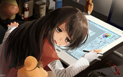  artist_glove artist_name bags_under_eyes bison_cangshu brown_eyes brown_hair commentary_request computer_keyboard computer_mouse cup desk drawing_tablet female figure fingerless_gloves glasses gloves head_rest holding jitome layered_sleeves logitech logo long_hair long_sleeves monitor open_mouth original painttool_sai partially_fingerless_gloves red-framed_eyewear shirt short_over_long_sleeves short_sleeves sleepy solo striped_clothes striped_shirt stuffed_animal stuffed_toy stylus swept_bangs teddy_bear unworn_eyewear wacom 