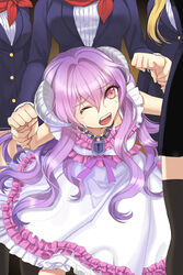  amrita_(sword_girls) artist_request bandana black_legwear blazer blonde_hair bow crying crying_with_eyes_open dress dress_shirt female frilled_dress frills hair_between_eyes holding_hands horns jacket jewelry leaning_forward lock long_hair lowres necklace one_eye_closed open_mouth out_of_frame photoshop_(medium) purple_hair red_eyes ribbon shirt solo_focus sword_girls tears thighhighs wavy_hair 