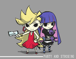  2girls black_hair blonde_hair commentary_request dress gun honekoneko_(psg) kurita_shin&#039;ichi long_hair multicolored_hair multiple_girls panty_&amp;_stocking_with_garterbelt panty_(psg) pantyhose parody red_dress siblings sisters stocking_(psg) striped_clothes striped_pantyhose stuffed_animal stuffed_cat stuffed_toy style_parody the_legend_of_zelda the_legend_of_zelda:_the_wind_waker thighhighs two-tone_hair weapon 