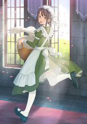  :d apron bad_id bad_pixiv_id banner basket black_footwear brown_eyes brown_hair carpet commentary_request dress female from_behind full_body green_dress hat holding indoors juliet_sleeves laundry laundry_basket light_rays long_sleeves looking_at_viewer looking_back maid mary_janes mob_cap moe2015 open_mouth open_window original petals petticoat photoshop_(medium) puffy_sleeves running shoes short_hair sidelocks smile solo stone_wall sunbeam sunlight thighhighs wall white_thighhighs window yasawa_kichi 