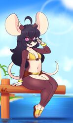  anthro beach big_ears bikini biped black_hair breasts clothing detailed_background eyewear female footwear hair hi_res mammal meganemausu mouse murid murine outside pink_eyes rodent sand sandals seaside sitting sky smile solo sunglasses swimwear water 