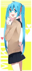  aqua_eyes aqua_hair bad_id bad_pixiv_id blush cardigan female hatsune_miku heart highres kannagi_aohi long_hair school_uniform smile solo twintails vocaloid 