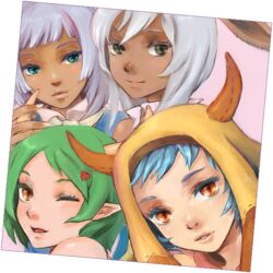  4girls aluette animal_ears blue_eyes blue_hair commentary_request dark-skinned_female dark_skin dragon_girl dragon_horns final_fantasy final_fantasy_tactics_a2 final_fantasy_tactics_advance green_hair grey_eyes grey_hair gria hood horns kno_(anahita) lili_(ffta2) lovely_voice mayhew monster_girl multiple_girls one_eye_closed orange_eyes pointy_ears prima_donna rabbit_ears short_hair smile valentyne viera 