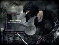  bandages black_hair blood breasts commentary_request demon&#039;s_souls dragon female knife mask short_hair slayer_of_demons solo tana_(garyuh-chitai) weapon 