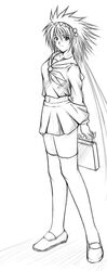  annet_myer arms_behind_back artist_request bag el_viento female full_body greyscale hairband looking_at_viewer midriff monochrome navel school_uniform shoes simple_background skirt smile source_request spiked_hair standing thighhighs white_background zettai_ryouiki 