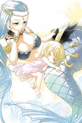  2girls aged_down aquarius_(fairy_tail) armlet barefoot bikini bikini_top_only blonde_hair blue_eyes blue_hair bracelet breasts circlet cleavage commentary_request dress fairy_tail head_rest jewelry large_breasts lolicon long_hair lucy_heartfilia mermaid monster_girl multiple_girls partial_commentary sleeping strib_und_werde swimsuit tiara water 