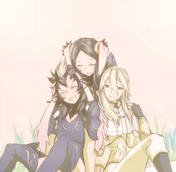  2boys animal_ears armor blonde_hair blue_eyes brown_hair closed_eyes commentary_request family female fingerless_gloves fire_emblem fire_emblem_awakening gloves grin libra_(fire_emblem) long_hair multiple_boys panne_(fire_emblem) rabbit_ears ruriko_(oyatudaisuki) sitting smile yarne_(fire_emblem) 