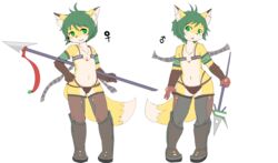  anthro armor boots canid canine clothing concon-collector digital_media_(artwork) dual_persona duo fantasy female footwear fox front_view full-length_portrait fur gosounokitsune_sonhaku green_eyes green_hair hair kakuteki11029 kemono male mammal orange_body orange_fur portrait rule_63 short_hair symmetry 