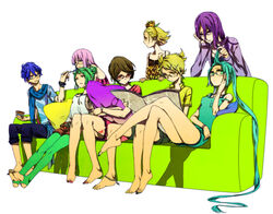  3boys 5girls anklet aqua_eyes aqua_hair aqua_nails bad_id bad_pixiv_id barefoot bespectacled blonde_hair blue_eyes blue_hair blue_nails blue_scarf brown_hair casual couch crossed_legs everyone flower glasses green_hair gumi hair_flower hair_ornament hairband hairclip hatsune_miku jewelry kagamine_len kagamine_rin kaito_(vocaloid) kamui_gakupo kunkun_(ysg) leggings legs long_hair megurine_luka meiko_(vocaloid) multiple_boys multiple_girls nail_polish necklace photoshop_(medium) pillow pink_hair pink_nails purple_eyes purple_hair purple_nails reading red_eyes scarf short_hair simple_background sitting toeless_legwear toenail_polish toenails trencker twintails very_long_hair vocaloid watch wristwatch yellow_eyes yellow_nails 