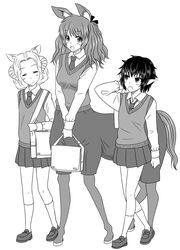  3girls animal_ears artistic_error bag centaur centaur_no_nayami closed_eyes commentary_request demon_girl goat_ears gokuraku_nozomi greyscale horns horse_ears kimihara_himeno monochrome monster_girl multiple_girls naraku_kyouko natumiao necktie no_tail no_wings pointy_ears satyr school_uniform short_hair taur 