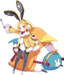  animal_ears black_legwear blonde_hair bunny_ears disgaea expressionless female flat_gaze hairband harada_takehito high_res highres leotard makai_senki_disgaea_5 official_art pantyhose prinny red_eyes scarf shoes short_hair spoon standing transparent_background usalia_(disgaea) usaria 