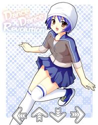  blue blue_hair dance_dance_revolution dancing hat lowres purple_hair short_hair skirt toshiba_emi 