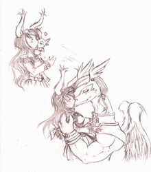  2009 animal_humanoid anthro blush breasts chibi claws closed_eyes clothed clothing dragon dress duo ear_piercing feathered_wings feathers female hair heart_symbol humanoid kissing lagomorph legendz linvar long_hair male mammal monochrome muscular mythological_creature mythological_scalie mythology piercing ranshiin scalie scar side_view simple_background size_difference tigerlilylucky traditional_media_(artwork) white_background wings 