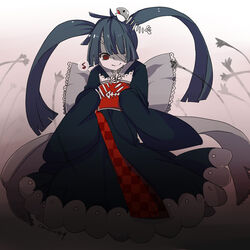  artist_name bad_id bad_pixiv_id black_hair black_kimono bow cantero_kitahira commentary_request female fish_bone funamusea hair_ornament japanese_clothes kimono long_hair mikotsuhime_(funamusea) monster_girl obi oounabara_to_wadanohara red_eyes sash smile solo twintails 