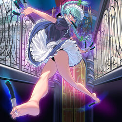  action apron aqua_eyes aqua_hair bare_legs barefoot between_toes black_panties blue_eyes braid chandelier commentary_request dress_flip feet female full_body holding_weapon_with_feet holding_with_feet izayoi_sakuya knife kouno_(masao) long_hair maid_headdress mouth_hold multiple_wielding panties photoshop_(medium) plantar_flexion ribbon solo stained_glass touhou twin_braids underwear upskirt weapon 