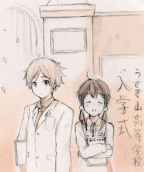  1boy book closed_eyes commentary_request female kitashirakawa_tamako long_hair low_twintails miton_(ton321) monochrome necktie ooji_mochizou school_uniform short_hair tamako_market twintails 