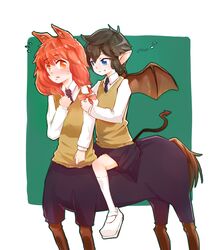  2girls animal_ears black_hair blue_eyes braiding_hair centaur centaur_no_nayami commentary_request demon_girl demon_tail demon_wings gokuraku_nozomi hairdressing horse_ears horseback_riding kimihara_himeno long_hair monster28 monster_girl multiple_girls necktie oerba_yun_fang orange_eyes partial_commentary pointy_ears red_hair riding school_uniform short_hair tail taur wings 