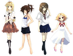  4girls barefoot blonde_hair dress flat_chest grin long_hair multiple_girls original skirt smile tamaki_fuyu 