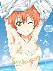  ;) armpits arms_up bikini bikini_top_only blush closed_mouth commentary female ginmaru hoshizora_rin looking_at_viewer love_live! love_live!_school_idol_project one_eye_closed orange_hair short_hair smile solo swimsuit undressing water yellow_eyes 