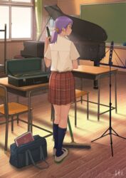  bad_id bad_pixiv_id bag black_socks blush book broom cabinet chair chalkboard classroom commentary_request curtains desk female from_behind highres indoors instrument instrument_case kneehighs kneepits light_particles long_hair music_stand original piano plaid plaid_skirt pleated_skirt ponytail purple_hair reflection school_bag school_desk school_uniform scrunchie shirt shoes short_sleeves signature skirt socks solo sunlight trumpet uwabaki white_shirt window wooden_floor yasawa_kichi 