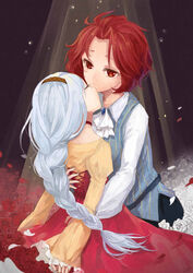  2girls absurdres akuma_no_riddle ann_jsuan bad_id bad_pixiv_id braid closed_eyes cosplay costume dress fingernails flower hairband highres juliet_capulet juliet_capulet_(cosplay) kirigaya_hitsugi long_hair multiple_girls namatame_chitaru red_eyes red_hair romeo_and_juliet romeo_montague romeo_montague_(cosplay) rose shirt short_hair silver_hair spoilers striped_clothes striped_shirt 