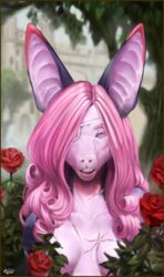  anthro bat border breasts castle crystal eye_patch eyewear female flower fur garden hair hi_res lipstick looking_at_viewer makeup mammal nude nyxis pink_body pink_fur pink_hair plant rose_(flower) shark-dragon solo tree yellow_border 