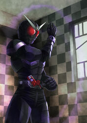  1boy belt checkered commentary_request gaia_memory kamen_rider kamen_rider_joker kamen_rider_w kouno_hikaru lost_driver male_focus mask solo standing 