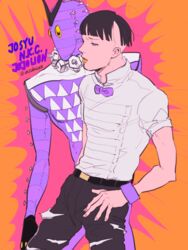  1boy black_hair bow bowtie commentary_request higashikata_joshu jojo_no_kimyou_na_bouken jojolion lipstick makeup male_focus mandaman nut_(hardware) nut_king_call orange_lips purple_eyes stand_(jojo) twitter_username wristband 