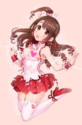  atashi_ponkotsu_android_(idolmaster) bad_id bad_twitter_id bare_shoulders blush bow breasts brown_eyes brown_hair censored cleavage digital_dissolve earrings female full_body hairbow heart high_heels idolmaster idolmaster_cinderella_girls idolmaster_cinderella_girls_starlight_stage jewelry jumping long_hair looking_at_viewer medium_breasts miniskirt novelty_censor one_side_up open_mouth oshiri_(12764076) red_skirt ribbon shimamura_uzuki simple_background skindentation skirt solo thighhighs untied wrist_cuffs 