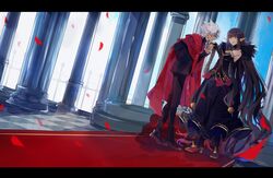  1boy absurdly_long_hair amakusa_shirou_(fate) black_dress black_hair boots bridal_gauntlets cape closed_eyes commentary_request dark_skin dress earrings elbow_gloves fate/apocrypha fate_(series) female fur_trim gloves high_heel_boots high_heels jewelry kissing kissing_hand letterboxed long_hair partial_commentary pillar pointy_ears qniokun semiramis_(fate) spiked_hair spikes straight very_long_hair white_hair yellow_eyes 