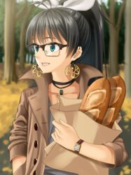  antenna_hair bag baguette bespectacled black-framed_eyewear black_hair blue_eyes blurry bread buttons choker coat collarbone commentary_request crescent crescent_earrings day depth_of_field earrings female flat_chest food forest ganaha_hibiki glasses gyouza_teishoku hair_ribbon hand_in_pocket holding hoop_earrings idolmaster idolmaster_(classic) jewelry long_hair looking_away nature open_clothes open_coat outdoors over-rim_eyewear paper_bag ponytail ribbon semi-rimless_eyewear sleeves_past_elbows smile solo tank_top tree unbuttoned upper_body watch white_ribbon wristwatch 