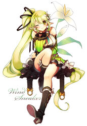  absurdres bad_id bad_pixiv_id boots breasts character_name cleavage detached_sleeves elsword female flower full_body green_hair green_sleeves hair_flower hair_ornament highres knee_boots large_breasts light_green_hair lily_(flower) limble long_hair one_eye_closed rena_erindel side_ponytail sitting skirt smile solo white_background wind_sneaker_(elsword) yellow_eyes 