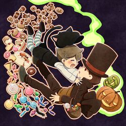  2boys animal_ears antennae bad_id bad_pixiv_id basket brown_hair bug cake candy cat_ears cat_tail centipede cookie cupcake doughnut flora_reinhold food future_luke gyoniku21 halloween hat hershel_layton jack-o&#039;-lantern jean_descole lollipop luke_triton multiple_boys professor_layton professor_layton_and_the_unwound_future pumpkin remi_altava short_hair tail top_hat 