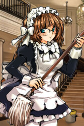  apron artist_request blue_eyes braid brown_hair bucket chandelier female frown glasses hair_ribbon holding long_hair lowres maid maid_headdress mop mop_maid pantyhose photoshop_(medium) ribbon solo sword_girls white_pantyhose 